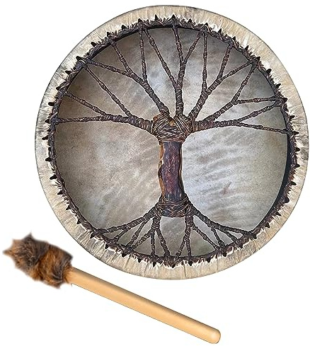 Tambour Chamanique 10 Pouces Fait à la Main avec Bâton - Arbre de Vie, Outil de Guérison Sonore pour la Musique Spirituelle, Méditation de Réflexion