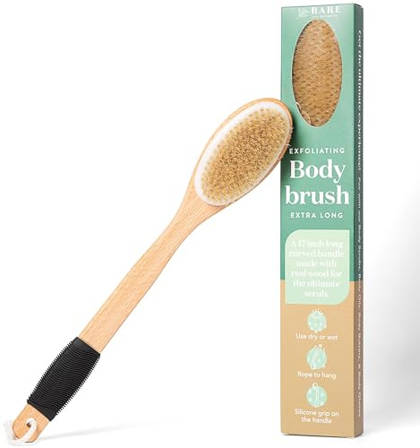 Bare Botanics 17 Dry Brushing Body Brush - Medium Firmness, Natural Color & Silicone Grip - Extra Long Bath Brush for Your Back w/Ergonomic Curved Handle Desig & Hang Rope