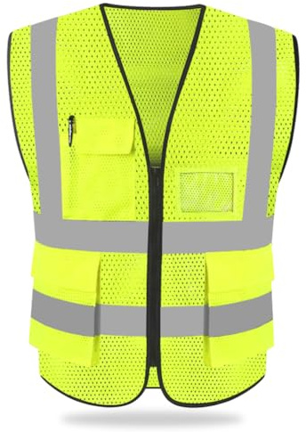 HYCOPROT Hi Vis Viz High Visibility Reflective Safety Vest Waistcoats Jacket Workwear Executive Zip 2 Band Security Mobile Phone Pocket ID Holder (Yellow-mesh, L)