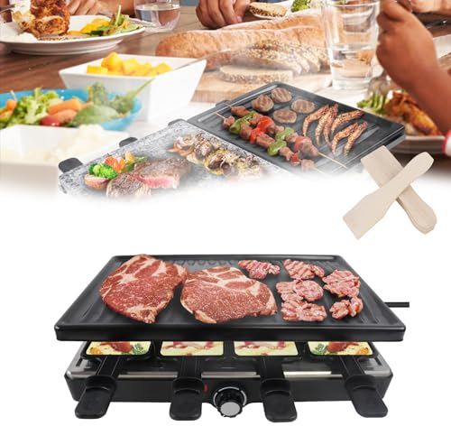 HENGMEI Raclette Grill, Barbacoa eléctrica de mesa de acero inoxidable con sartenes, plancha antiadherente y piedra natural para 8 personas, máx. 1400 W, color negro