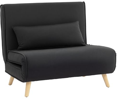 HOMCOM Poltrona Letto Singolo 3 in 1 con Schienale Regolabile in 6 Livelli e Cuscino, Divano Letto Singolo Pieghevole per Camera da Letto e Soggiorno, in Tessuto e Legno, 94x78x80 cm, Nero