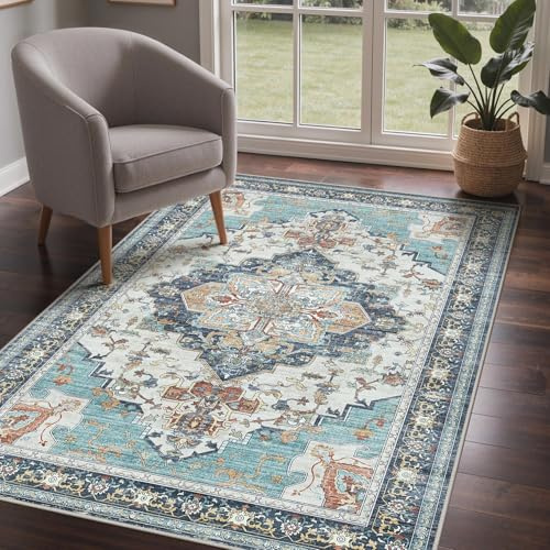 GENIMO - Tappeto Vintage 120x170cm - Antiscivolo, Lavabile, Con Pelo Corto - Per Soggiorno, Camera da Letto, Cucina - Blu-verde