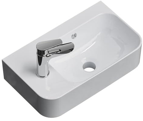 EMKE Lavabo Suspendu 450 x 265 x 155 mm – Lavabo Compact et Élégant pour Petites Salles de Bain et WC Invités – Robinet à Gauche, Installation Murale, Blanc Brillant