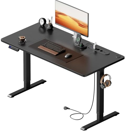HLFURNIEU Scrivania Regolabile in Altezza, 120 x 60 cm, Scrivania Motorizzata, con Prese, Porte USB, 3 Controlli Memoria, Standing Desk Nero