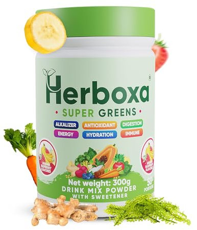 Herboxa Super Greens Polvere Integratore con Radice di Cicoria Zinco e Cromo Gusto Banana e Lampone 50 Porzioni Supporto Energetico e Detox Naturale