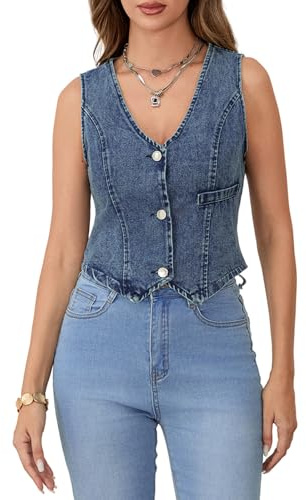 Edhomenn Women Y2K V-Neck Crop Denim Vest Summer Sleeveless Button Down Jean Waistcoat Jacket Trendy Going Out Outfits (Dark Blue, L)