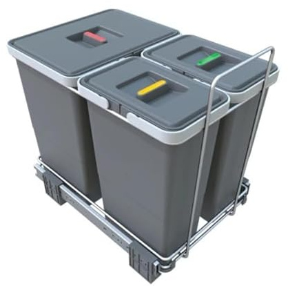 Abfalltrenner Set ECOFIL - Mülltrennsystem für 40 cm Küchenunterschrank, 3 facher Mülleimer (2x 8 L, 1x 18 L) aus Kunststoff mit Deckel, Vollauszug mit kugelgelagerten Schienen, Grau