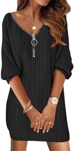 Cozyan Robe Pull Hiver Col en V Femme Chic Élégant Tricot à Manches Longues Pull Femme Manches Longues Robe Tricot Pullover Chaud Casual Automne Hiver