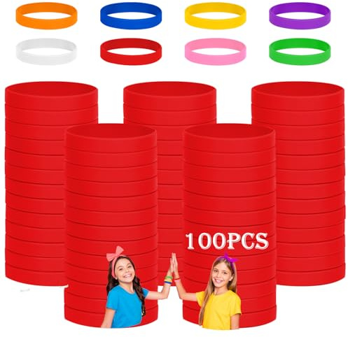 HONTIUS Silicone Bracelet, Pack of 100 Silicone Bracelets, Silicone Wristband, Empty Rubber Bracelets for School, Teachers, Team, Party, Men and Women (Red, 7-180 cm for 8~12 Years)