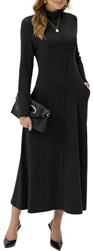 GRECERELLE Maxi abito da donna a collo alto, a maniche lunghe, per autunno e inverno, elegante, casual, quotidiano, business, appuntamenti, tempo libero, vestito lungo elasticizzato con tasche, Nero