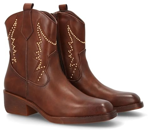 shoes&blues.es Bottine Cowboy pour femme avec dentelle moyenne ornée de clous décoratifs et coutures en relief. Talon large confortable. Fermeture à glissière, marron, 37 EU