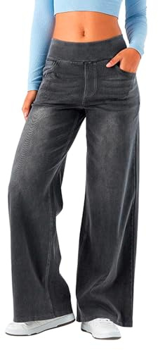 Jean à jambe large pour femme - Coupe droite - Taille haute et amincissant - Avec poches - Extensible, baggy tendance - Contrôle du ventre