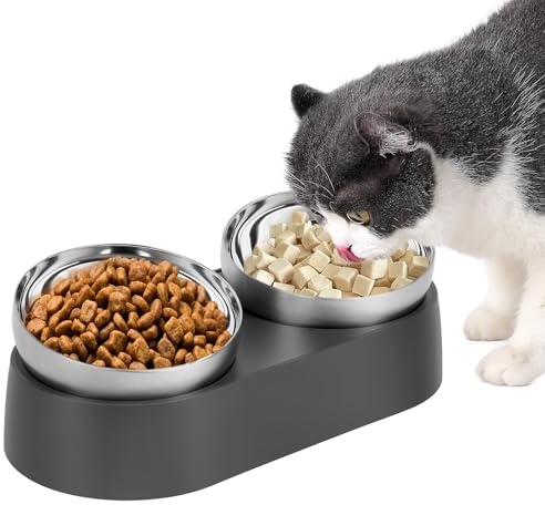 Alaoo Doppelter Futternäpfe Katzenfutte,Fressnapf Katze -15°Kipphals-Schutzschale,Katzenfutternapf Edelstahl Lebensmittelqualität,Futternäpfe Katzen Futter,Futternapf und Wassernapf für Katzen