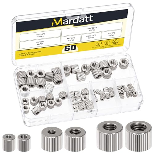 Mardatt 60PCS M2 M2.5 M3 M4 M5 M6 Knurled Thumb Nuts, Sliver Through Hole Round Female Thread Type Flat Head Grooved Knurled Wing Nut Lock Adjusting Nuts for Furniture Fastening 3D Printer