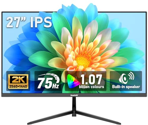 Gawfolk 27 inch IPS 2K QHD (2560×1440) Computer Monitor 75Hz Gaming PC Screen, 1ms，Adaptive Sync,100% sRGB, 1.07 Billion Colours, HDMI2.0、DisplayPort 1.4, Built-in Speaker - Black