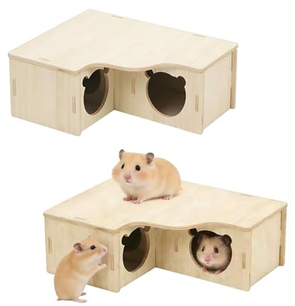 ASOUUNLD Casa de Madera para Hámster, Casa Cobaya Casa de Hámster de Madera 3 Cámaras Casa para Cobayas de Madera Ecketage Hábitat para Jerbos Degus Ratones Espinosos (22.5x17.8x8cm)