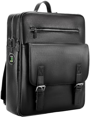 BBMars Anti-stöld fingeravtryckslås ryggsäck – svart läder laptop-ryggsäck för män, vattentålig affärsresväska, passar 15,6 tums bärbar dator, smart säker professionell dagväska
