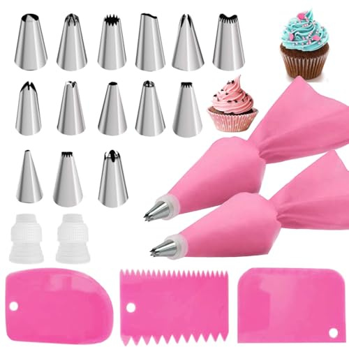 Set di decorazioni per torte rosa, 2 sacchetti riutilizzabili in silicone, 14 ugelli in acciaio inox, 3 levigatori e 2 accoppiatori