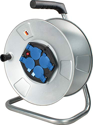 as - Schwabe Metallkabeltrommel Leertrommel Ø285 mm für ca. 50 m Kabel, 4 Einbausteckdosen mit Klappdeckel 230V/16A, Thermoschutzschalter, IP20, Silber, 10408
