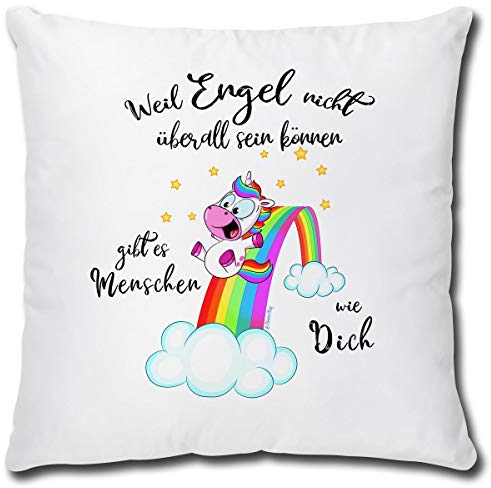 TRIOSK Einhorn Kissen lustig mit Spruch Engel Dekokissen Geschenk für Einhornfans Frauen Mädchen Kinder Zierkissen Füllung 40x40 Rosa Bunt