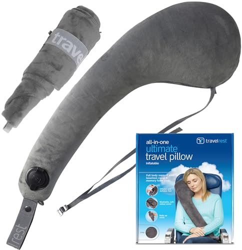 Travelrest All-IN-ONE Premium Reisekissen/Nackenkissen – waschbarer Plüschbezug mit Memory-Schaumstoff – ideal für Flugzeuge, Autos, Züge, Nickerchen im Büro (klein zusammenrollbar)
