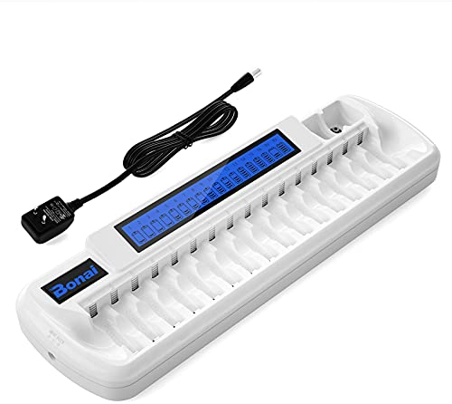 BONAI LCD 18 Ranuras Cargador de Pilas Universal para AA AAA Ni-MH Ni-CD y 9V Li-Ion Pilas Recargables con AC Adaptador