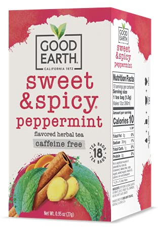Good Earth Tea, Sweet & Spicy Peppermint Herbal Tea, 18 Count, Pack of 6, Hot or Iced, Iconic Sweet & Spicy with Cool Peppermint
