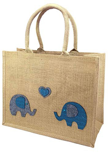 Yellowboots Large Jute Shopping Bag - Elephants in Love - 32cm high x 42cm Wide x 18cm Depth (Natural)