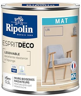 RIPOLIN - Peinture Intérieure Multi-Supports – Murs, Boiseries & Radiateurs – Ultra Couvrante – Lessivable – Application Facile – Ecolabel - Aspect Mat - 0,5L - Lin