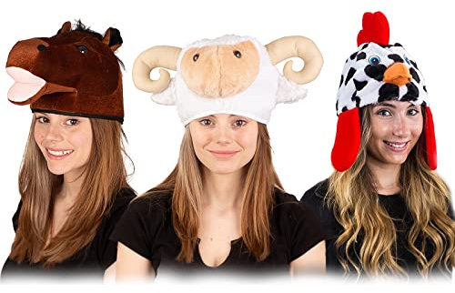 Tigerdoe Farm Animal Hats Set - Animal Costume Hat - Farm Dress Up - Plush Rooster, Horse, Sheep - 3 Pc Set