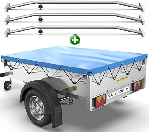 Tarpofix® Anhängerplane 258 x 136 cm + 3X Planenbügel | Anhänger Plane Flachplane aus PVC PLANENMATERIAL | Verstärkte Humbaur Anhänger Plane für PKW Hänger | Abdeckplane + Flachplanenbügel | Blau
