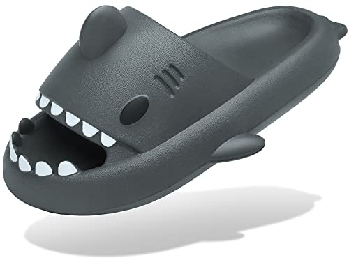 Ciabatte Squalo Estive Donna Uomo Pantofole da bagno Comode Ciabatta da Doccia Antiscivolo Sandali da Spiaggia e Piscina a Punta Aperta Shark Slides Slippers, Grigio scuro, 38/39 EU