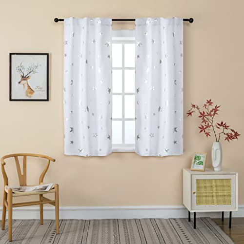 GIRASOLE HOME® Coppia Tende Semi Oscuranti Morbide Fantasia Stelle Argentate Tenda Morbida per Interni con Tasca e Passanti Nascosti 2 Pannelli (Bianco, 70x145cm)