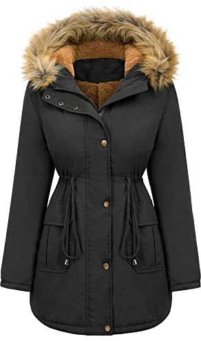 Vagbalena Cappotto Donna Invernale Imbottito in Lana d'Agnello Caldo Cappotto di Pelliccia Parka Cappuccio Giacca Donna Invernale Giacca a Vento Impermeabile Antivento Parka con Cappuccio (Nero,L)