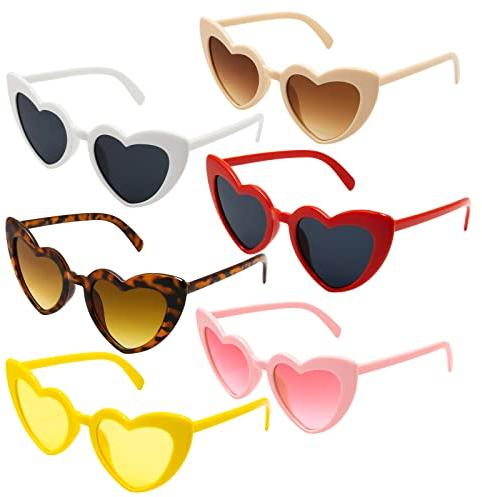 ANLIOTO 6 Stück Herz Sonnenbrille für Damen, Vintage Herzform Brille 90er Jahre Hippie Brille Kostümzubehör für Urlaub, Party, Hochzeit, Karneval, Halloween, Weihnachten