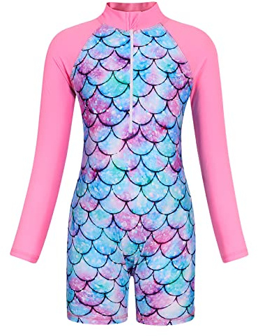AmzBarley Girls Swimming Costume Kids One Piece Swimsuit Mermaid Swimwear Zipper Bathing Suit Long Sleeve Surfing Swimming Rash Guard Pink Age 2-3 Years Size 100