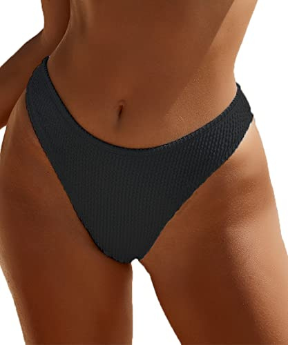 YMISAN Women's Bikini Swim Bottom Briefs Ribbed High Cut Mid Waist Cheeky Bathing Suit Bottom Black