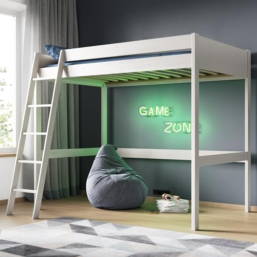 Flair Furnishings Noomi - Double High Sleeper Bed for Kids, Cabin Bed, Heavy Duty and Sturdy Solid Wood, Stylish, Space Saving Design (White)
