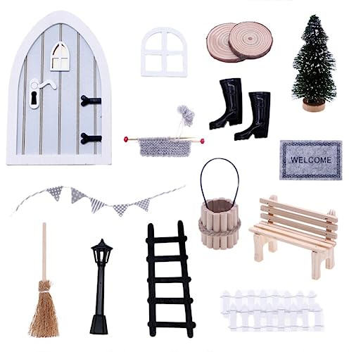 JAWSEU Kit de Noël Miniature Porte Lutin, 14 Pièces Miniature Maison de Poupée Déco de Noël, Porte de Lutin Miniature avec Arbre de Noël, Couronnes de Noël, Clôture, Bottes,Tapis