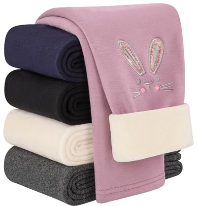 Auranso Girls Fleece Lined Thermal Sherpa-Lined Leggings Cotton Kids Winter Thick Warm Cartoon Embroidery Trousers Pink, 5-6 Years