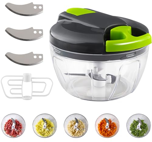 Zwiebelschneider Manuell, Mezzar 520ML Graue Gemüseschneider, Küche Multizerkleinerer mit Seilzug, Mini Gemüse Onion Chopper Kommt mit 3 Klingen und 1 Mixer