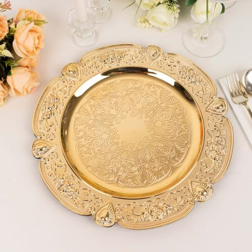 Efavormart 6-Pack 13 Gold Floral Embossed Charger Plates, Round Scalloped Rim Underplates for Spring Weddings and Garden Parties