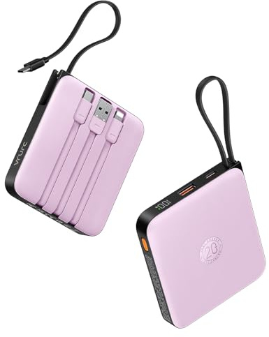 VRURC Batteria Esterna da 10000 mAh con 4 Cavi Incorporati Batteria Portatile Mini e Slim USB C Power Bank a Ricarica Rapida da 22,5 W con Display LED per iPhone Huawei Xiaomi (Viola)
