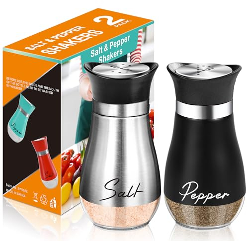Salt and Pepper Shakers Set - 120ml with Clear Glass Bottom Salt Pepper Shaker, with Stainless Steel Lid Salt Shaker, Refillable Spice Dispenser for Home Kitchen Cooking Camping BBQ - BlackSilver