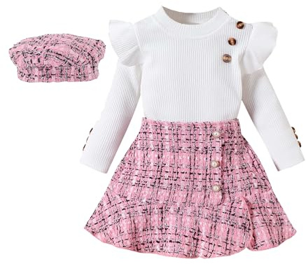 Miipat Babyflickkläder 3 delar babyflickset långärmad topp och minikjol höst vinter flicka set med hatt, Vit rosa, 5-6 ans