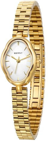 BERNY Gold Watches for Women Dainty Ladies Quartz Watch Vintage Copper Mirrors Shape Japanese Quartz Movement 3ATM Waterproof Fashion Female Wrist Watch Luxury Birthday Gifts-White Dial