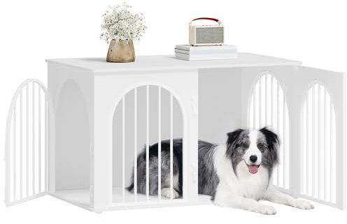 Hzuaneri 100cm Cage pour Chiens, Table d’Appoint, Niche Moderne pour Chiens Intérieur, Cage Chien de Taille Moyenne, Maisonnette pour Animaux, 3 Portes, Porte arquée, 100 x 60 x 63 cm, Blanc
