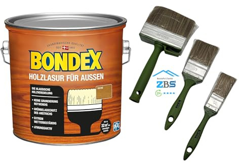 zbs24 Bondex Holzlasur für außen kiefer 2,5 Liter, inkl. 3-teiliges Pinselset, hohe Witterungsbeständigkeit, Intensivschutz vor Nässe und UV-Strahlung