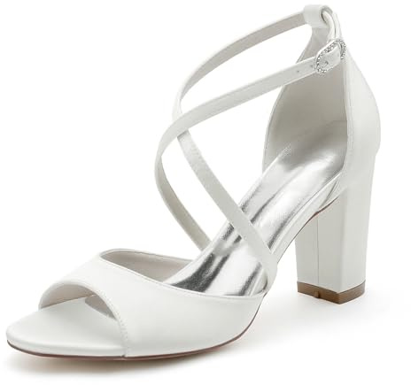 smlekwc Mujer Correa Cruzada Zapatos De Vestir De Boda Peep Toe Sandalias De Novia De Satén Tacón Alto De Bloque Zapatos De Noche Fiesta De Graduación,Blanca,38 EU