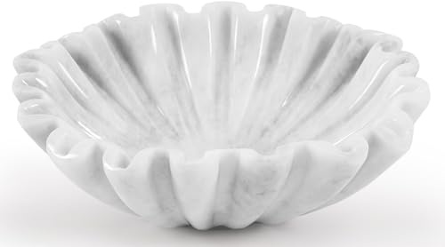 Ciotola di marmo smerlata fatta a mano da 8 pollici ciotola bianca, ciotola di frutta per banco da cucina, grandi ciotole decorative per regali di inaugurazione della casa, ciotola moderna